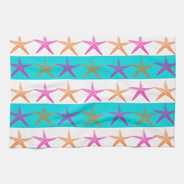 Summer Beach Theme Starfish on Teal Stripes Towel (Horizontal)