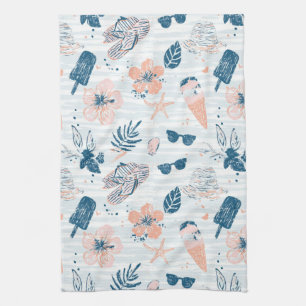 Summer Beach Tropical Blue Coral Striped  Kitchen Towel
