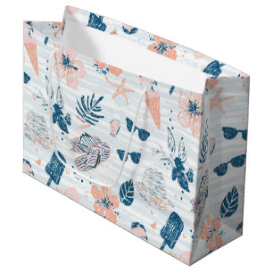 Summer Beach Tropical Blue Coral Striped Large Gift Bag