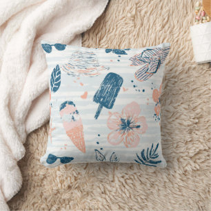 Summer Beach Tropical Blue Coral Striped  Throw Pillow