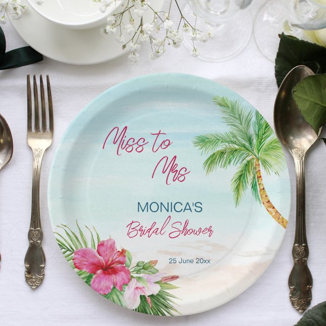 Summer beach tropical bridal shower printed paper plates (Summer beach tropical bridal shower printed paper plates personalized tableware pink hibiscus palms)