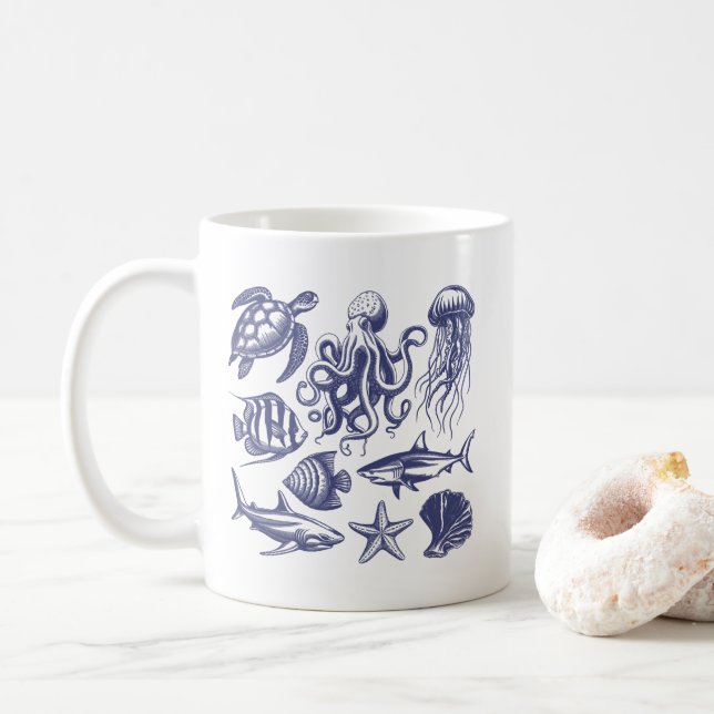  Summer beach turtle Fish Shark Octopus Seashell   Coffee Mug (With Donut)