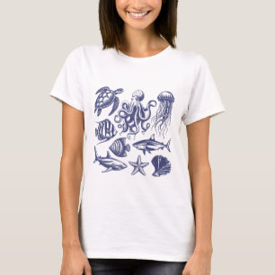  Summer beach turtle Fish Shark Octopus Seashell   T-Shirt