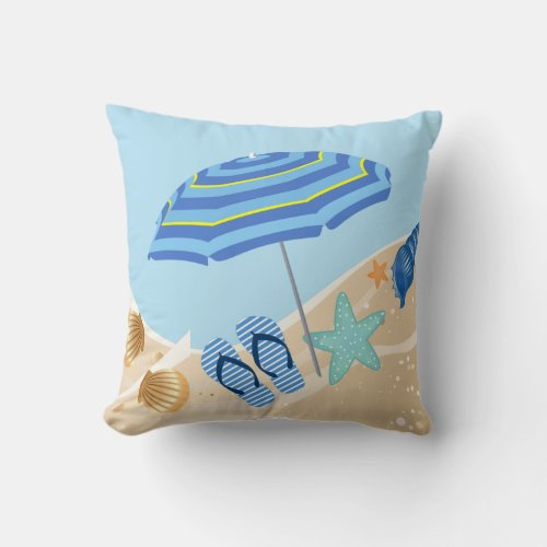 Summer Beach Umbrella Shells Flip Flops Stripe Fun Throw Pillow