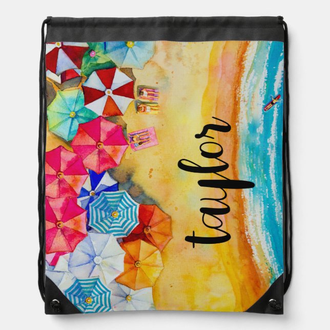 Summer Beach Umbrellas Drawstring Bag (Front)