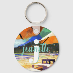 Summer Beach Umbrellas Name Monogram Keychain