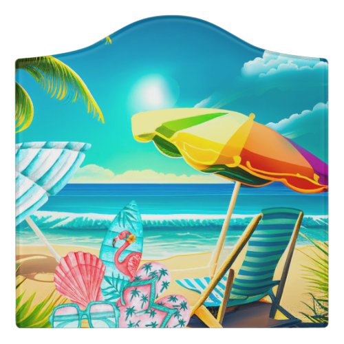 Summer beach umbrellas surfboard and tree door sign