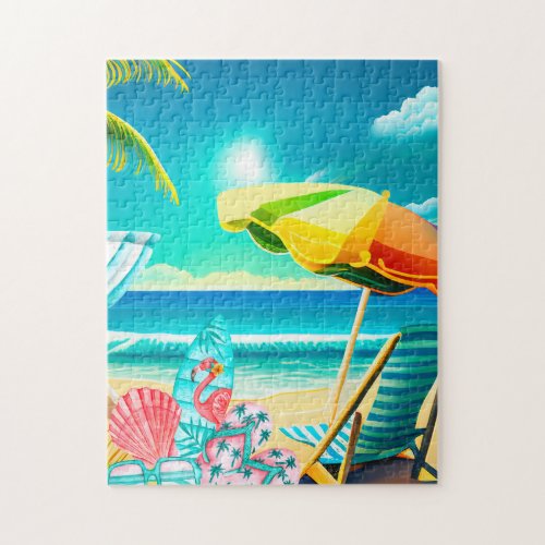 Summer beach umbrellas surfboard and tree jigsaw puzzle