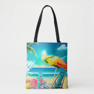Summer beach umbrellas, surfboard, and tree tote bag