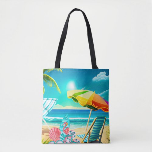 Summer beach umbrellas surfboard and tree tote bag