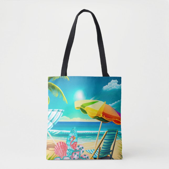 Summer beach umbrellas, surfboard, and tree tote bag (Front)