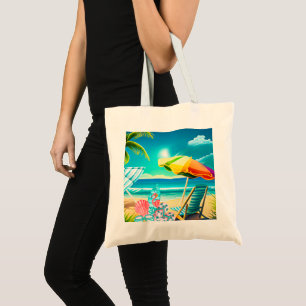 Summer beach umbrellas, surfboard, and tree tote bag