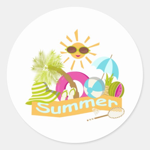 Summer beach vacation smiling sun in sunglasses  classic round sticker