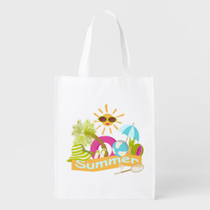 Summer beach vacation smiling sun in sunglasses grocery bag