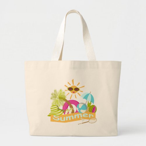 Summer beach vacation smiling sun in sunglasses large tote bag