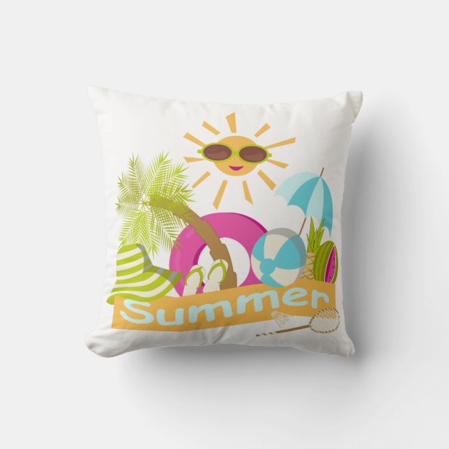 Summer beach vacation smiling sun in sunglasses  throw pillow (Front)
