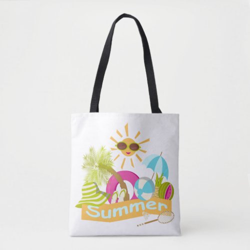Summer beach vacation smiling sun in sunglasses tote bag