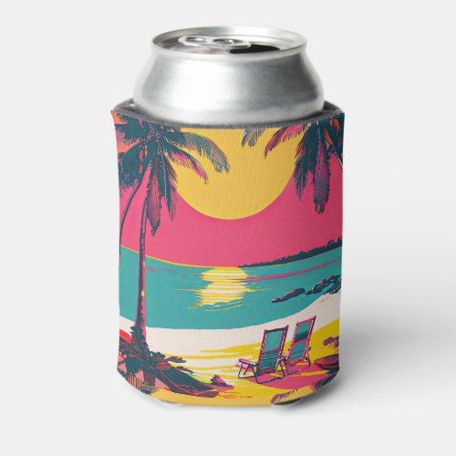 Summer Beach Vibe Retro Surfer Palm Trees Sunset Can Cooler