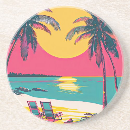 Summer Beach Vibe Retro Surfer Palm Trees Sunset Coaster