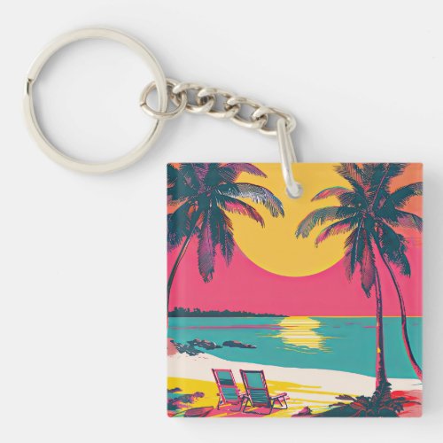 Summer Beach Vibe Retro Surfer Palm Trees Sunset Keychain