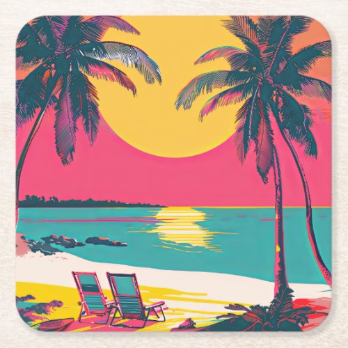 Summer Beach Vibe Retro Surfer Palm Trees Sunset Square Paper Coaster