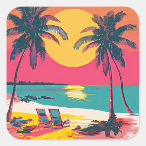 Summer Beach Vibe Retro Surfer Palm Trees Sunset Square Sticker
