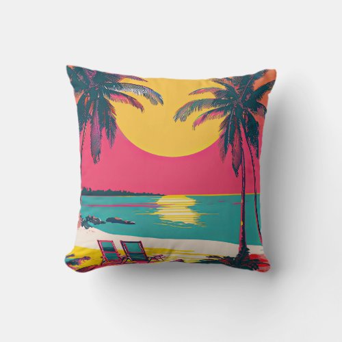 Summer Beach Vibe Retro Surfer Palm Trees Sunset Throw Pillow