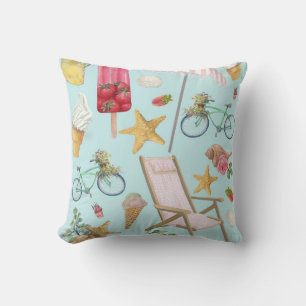 Summer Beach Vibes on Blue Throw Pillow