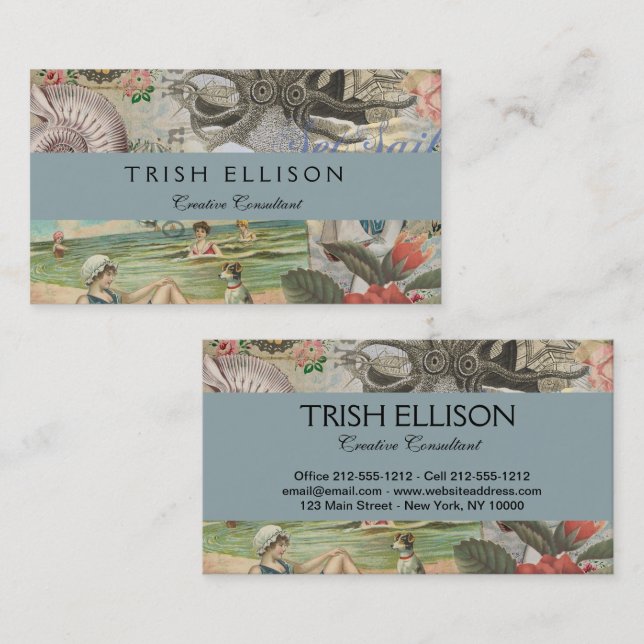 summer beach vintage octopus antique sailing business card (Front/Back)