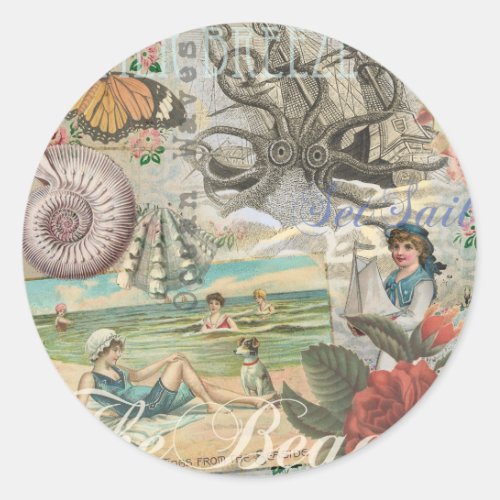 summer beach vintage octopus antique sailing classic round sticker