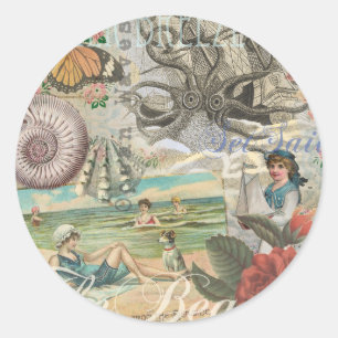 summer beach vintage octopus antique sailing classic round sticker
