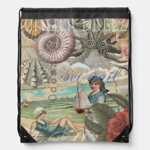 summer beach vintage octopus antique sailing drawstring bag