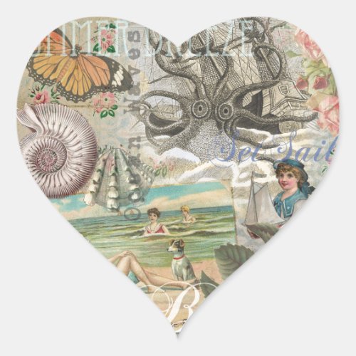 summer beach vintage octopus antique sailing heart sticker