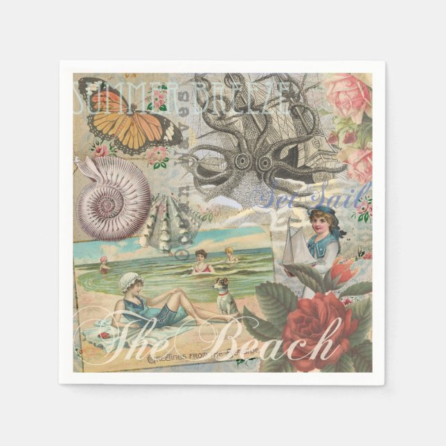 summer beach vintage octopus antique sailing paper napkins (Front)