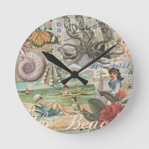 summer beach vintage octopus antique sailing round clock