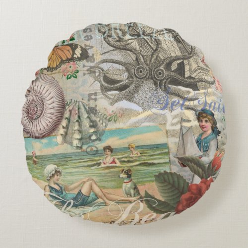 summer beach vintage octopus antique sailing round pillow