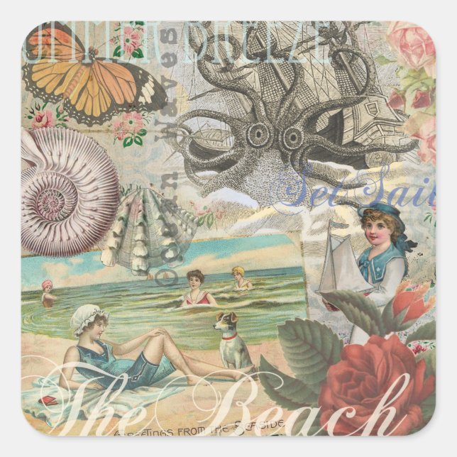 summer beach vintage octopus antique sailing square sticker (Front)