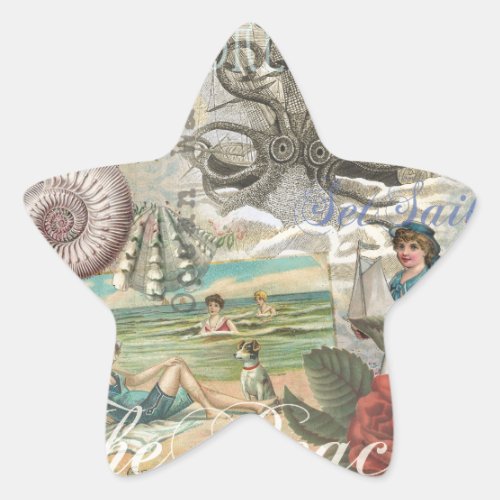 summer beach vintage octopus antique sailing star sticker