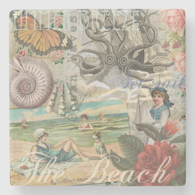 summer beach vintage octopus antique sailing stone coaster (Front)