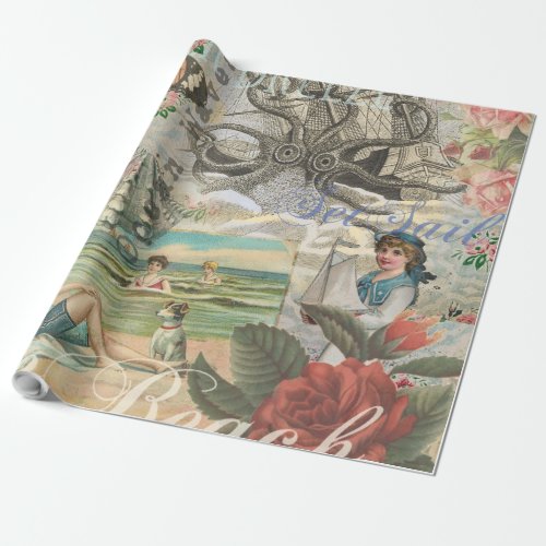 summer beach vintage octopus antique sailing wrapping paper