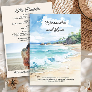 Summer Beach Watercolor Wedding & Details Photo Invitation