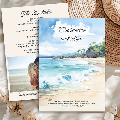Summer Beach Watercolor Wedding  Details Photo Invitation