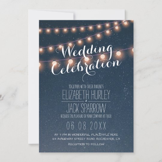 Printed Starry Night String Lights Blue Yellow Destination Couples Bridal Shower Engagement Twilight Beach #W12 Sunset Wedding Invitation
