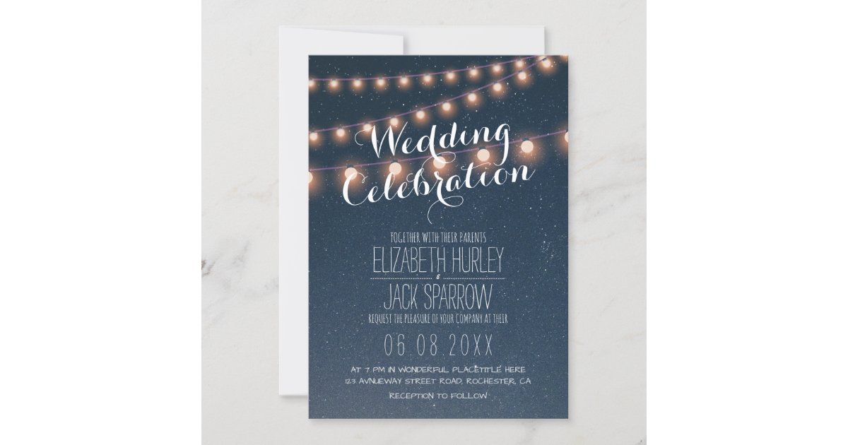 Printed Starry Night String Lights Blue Yellow Destination Couples Bridal Shower Engagement Twilight Beach #W12 Sunset Wedding Invitation