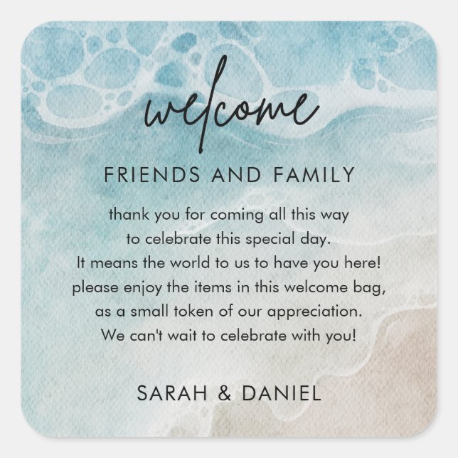 Summer Beach Wedding Welcome Gift Bag Basket Square Sticker (Front)