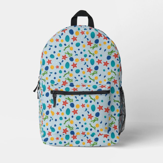Summer beach with starfish, shells and pebbles printed backpack (Front)