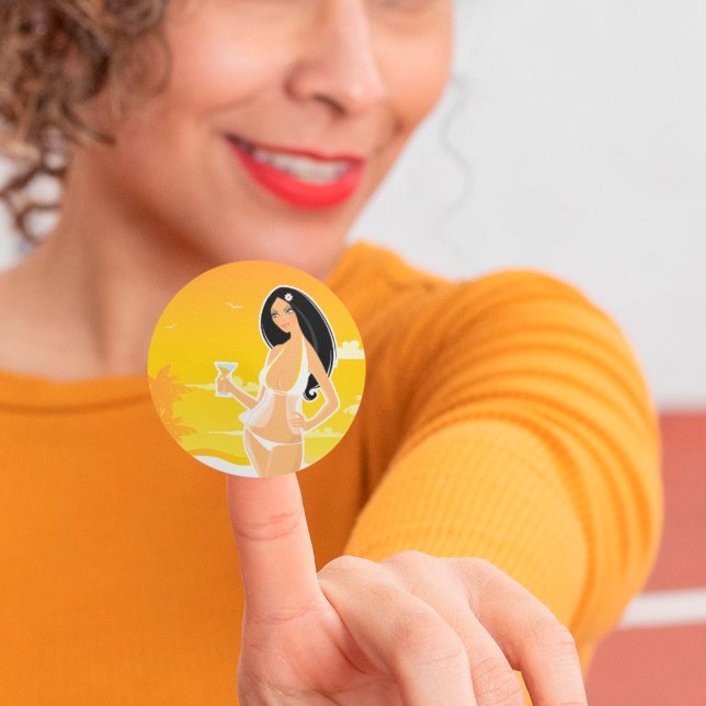 Summer Beach Woman Tropical Sunset Classic Round Sticker (Creator Uploaded)