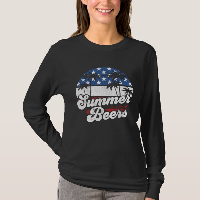 Summer Beers Retro 4th of July American Flag Beach T-Shirt (Front)