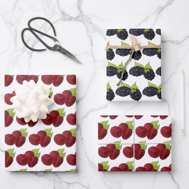 Summer Berries Raspberry Blackberry Berry Fruit Wrapping Paper Sheets (Front)