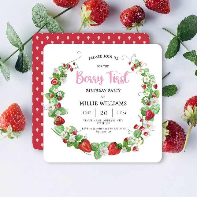 Summer Berry First Strawberry Birthday Party Invitation (Creator Uploaded)